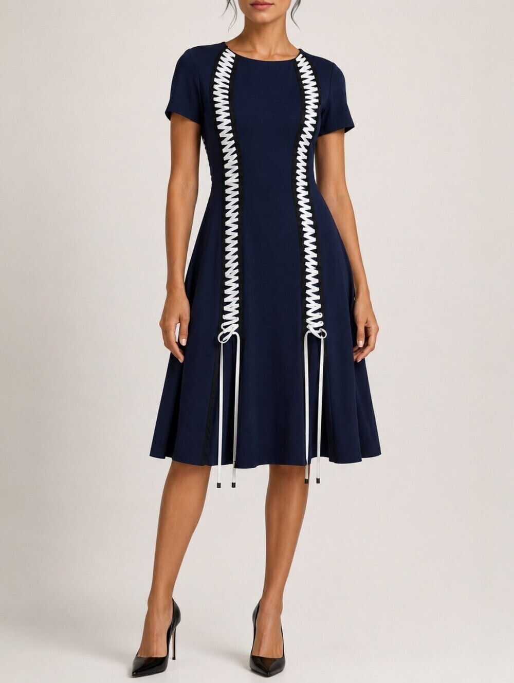 Jonathan Simkhai Navy Lace Up Midi Dress A Line Crepe Minimalist Size 6